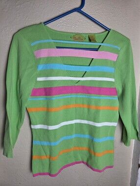 Prima Bella Top Blouse Womens Green Striped Medium Color Casual